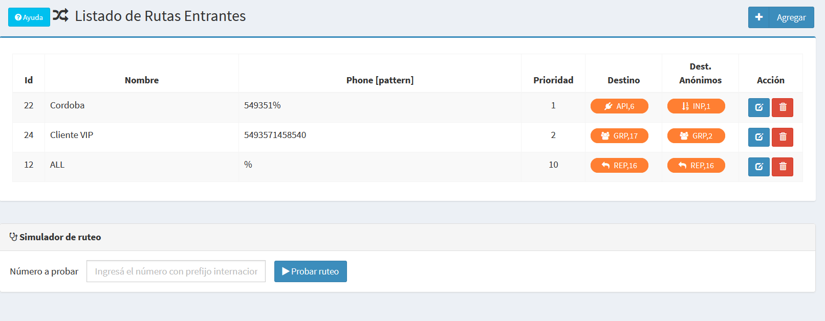Inbound routes list