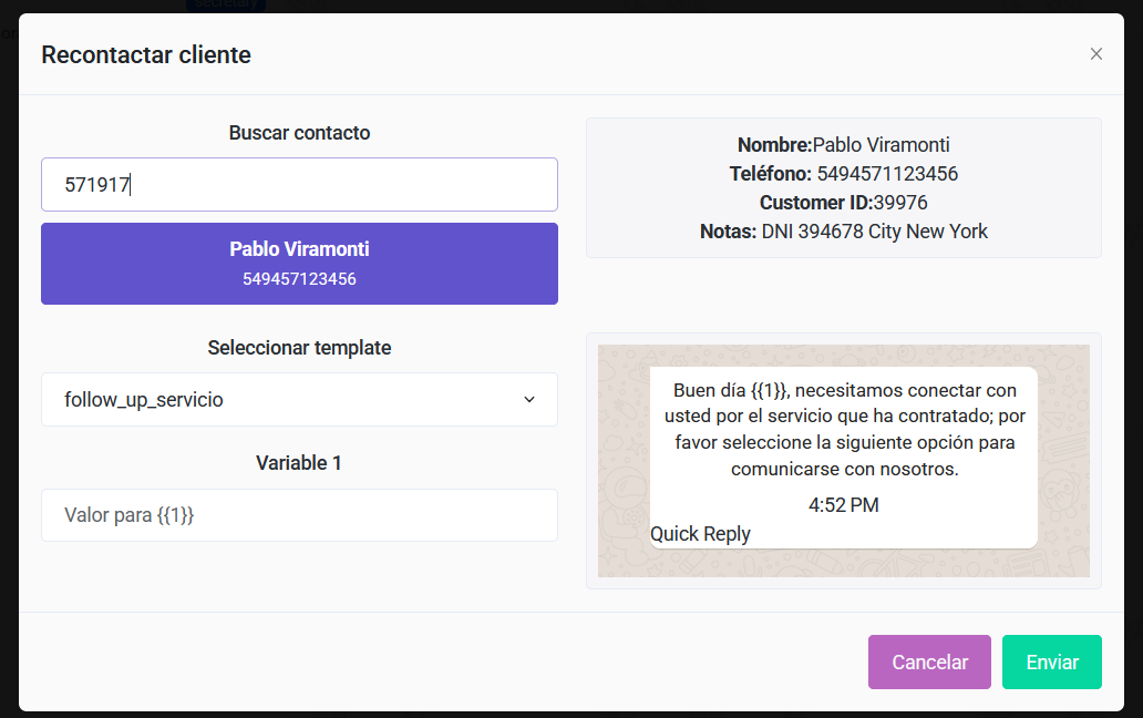 Modal con contacto y template seleccionado