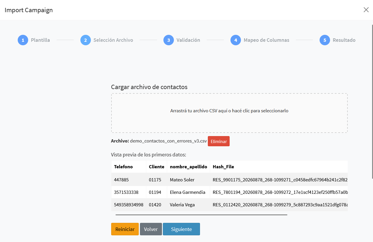 Selección de archivo CSV