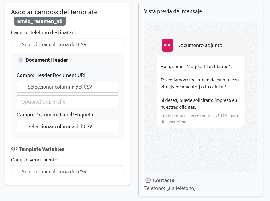 Asociación de campos del template